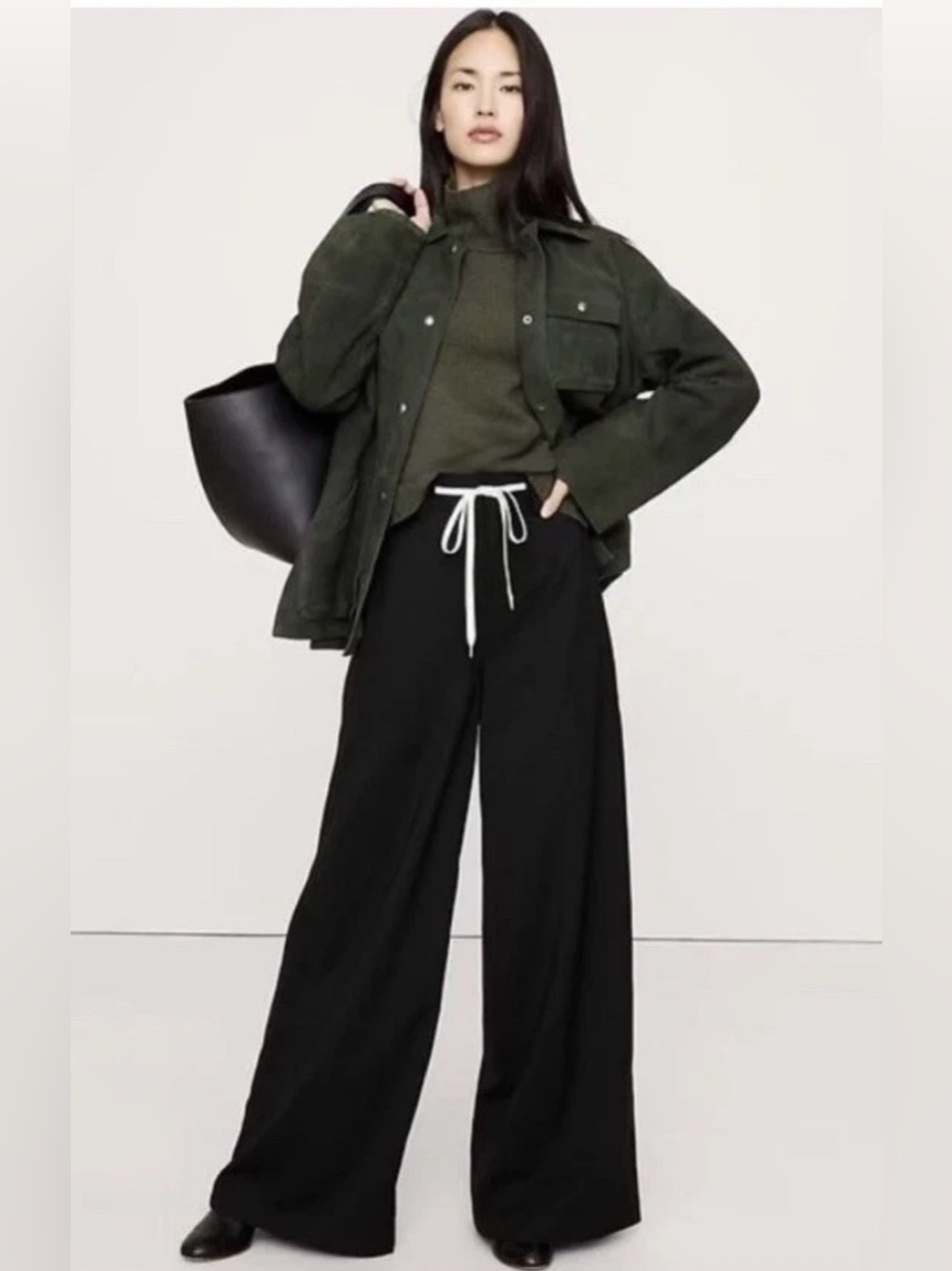 NWT Banana Republic Italian Wool Black Wide Leg Pant With Drawstring Sz 10/L